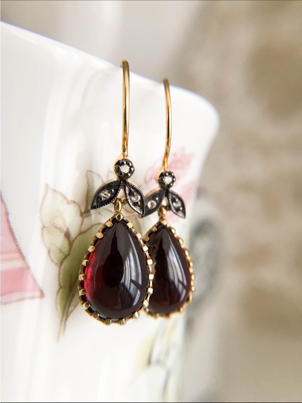 9ct Gold Garnet Drop Earrings with Oxidized Silver-Set Rose Cut Diamonds
